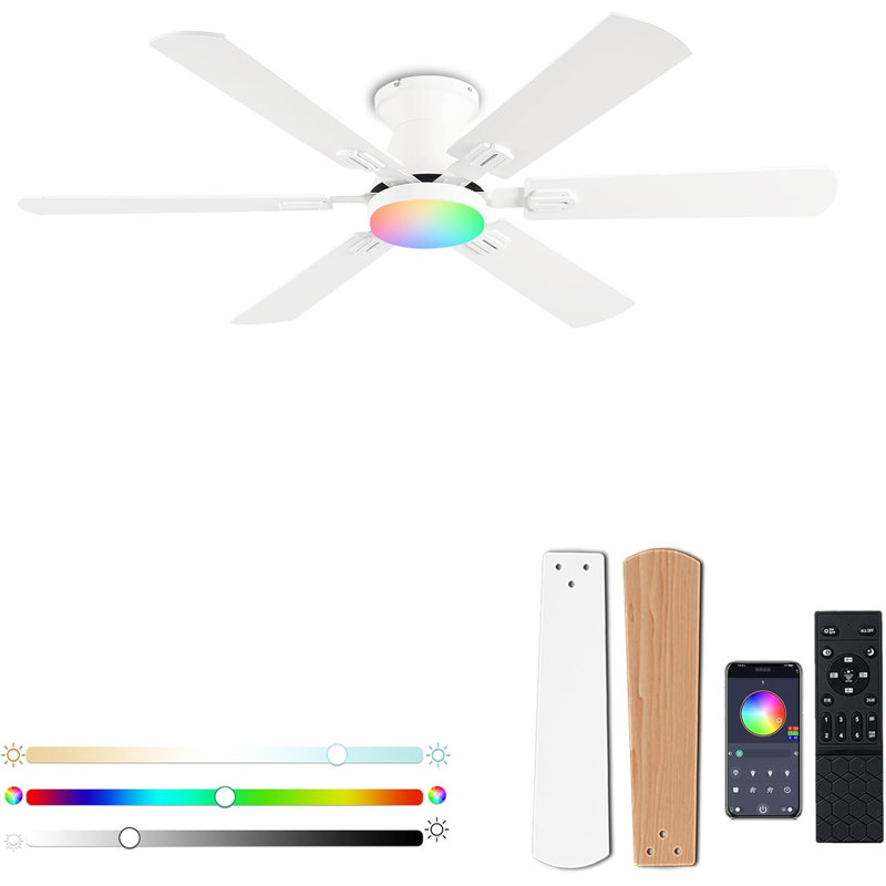 Ventilateurs de plafond 56 po avec lumières RVB - App et télécommande, moteur CC réversible silencieux, pales encastrées à double face, gradateur 3CCT à profil bas, ventilateur de plafond intelligent à profil bas pour chambre d'enfant