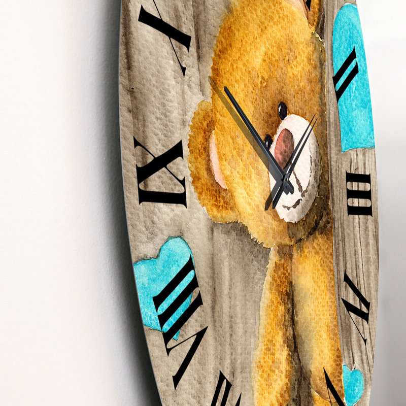 Cute Brown Teddy Bear with Blue Hearts - Children's Art Wall Clock, Medium
