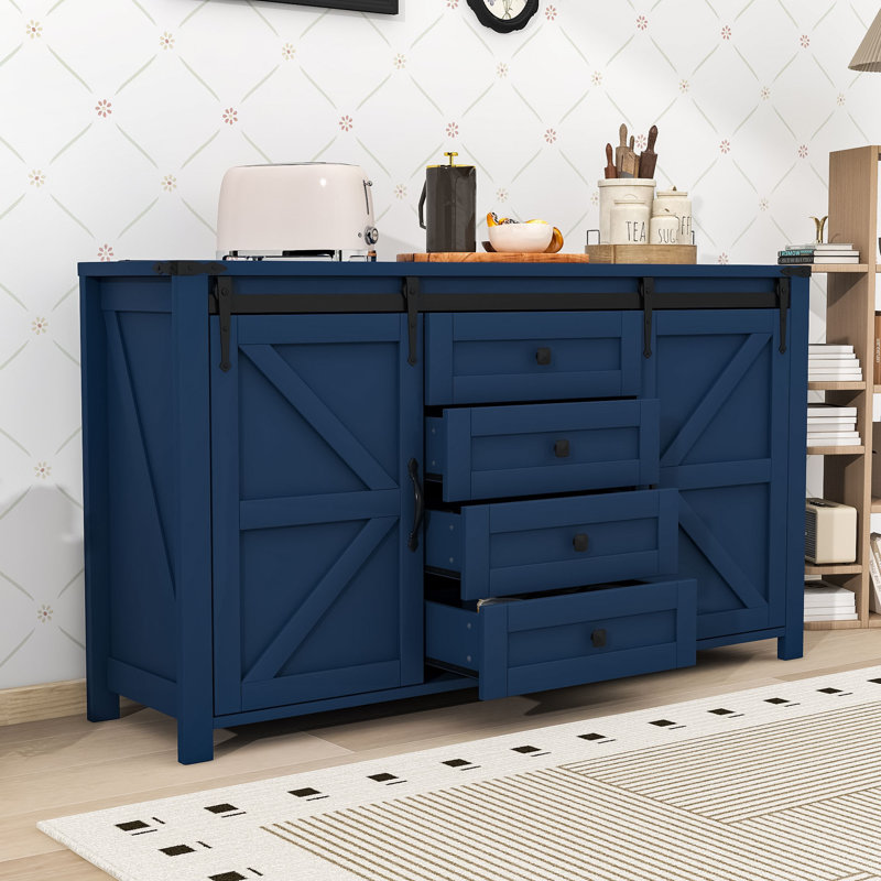 Rustic Farmhouse Sideboard Buffet Cabinet with Sliding Barn Doors, 4 Drawers and Built-In Power Outlet, Navy Blue