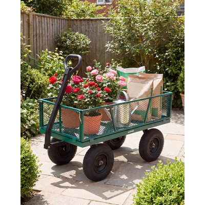 Green 1200LBS Heavy Duty Steel Utility Garden Wagon 2 in 1 Design with Removable Mesh Sides 13 Inch All Terrain Wheels 180 Degree Rotating Handle for Lawn Farm Outdoor Gardening