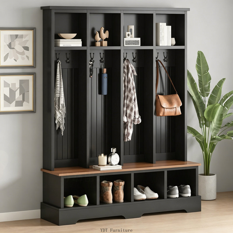 Farmhouse 59"W Hall Tree 8 Hooks, Entryway Bench Shoe Rack, Black, Black