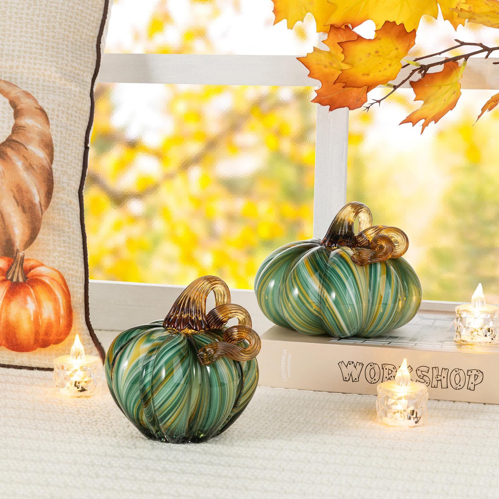 5.75"D X 4.75"H Multi Brown Striped Glass Pumpkin, Green