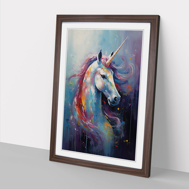 XYZ-FRM-V1223-6342 Unicorn Impressionism - Single Picture Frame Print on Wood, 64cm H x 46cm W x 2cm D, Walnut 