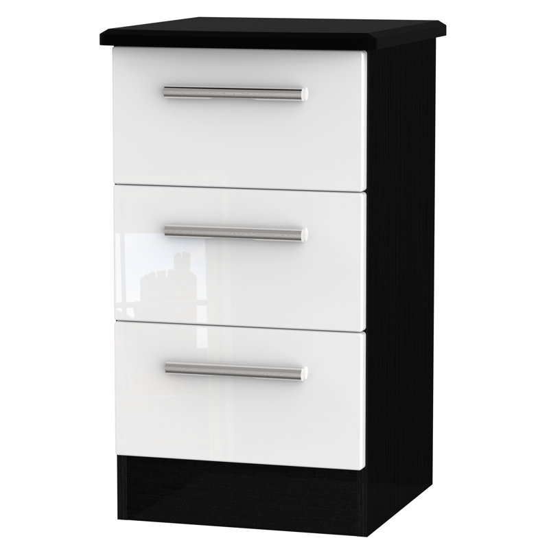 Fully Assembled Yvette 3 Drawer Bedside Table, Black / White