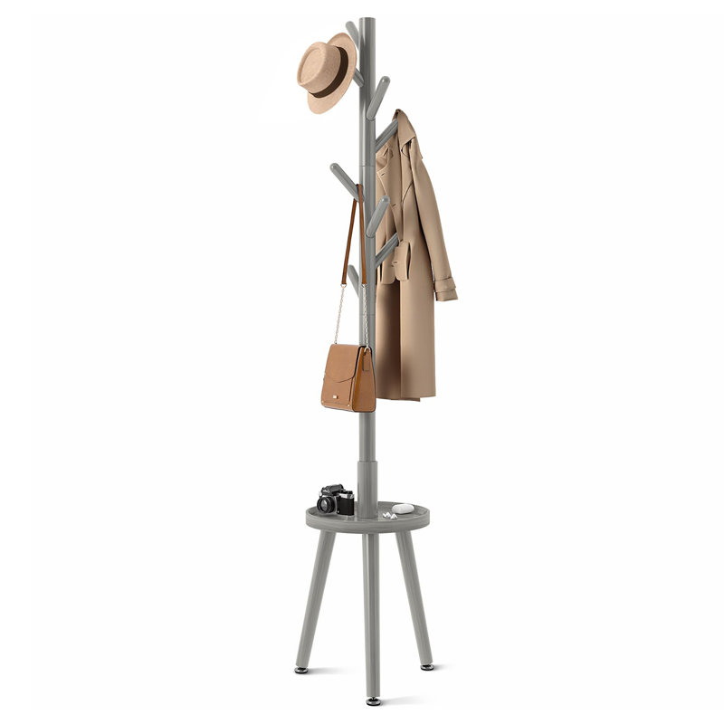 Freestanding Wooden Coat Rack with 8 Hooks, Gray
