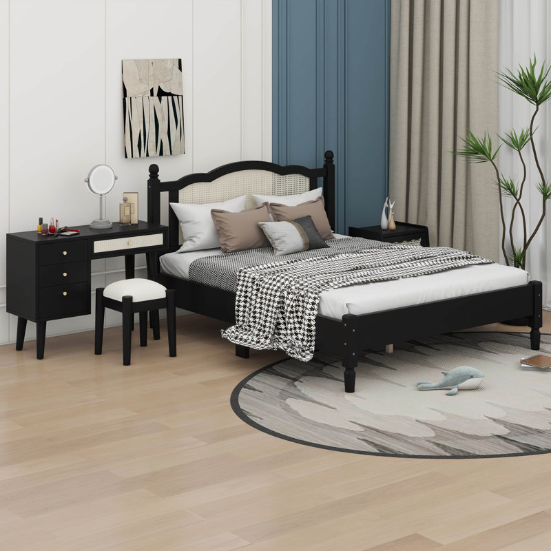 Ensemble de chambre à coucher 3 pièces avec cadre de lit en bois, 1 table de chevet rétro et 1 coiffeuse de maquillage avec tabouret Sicard