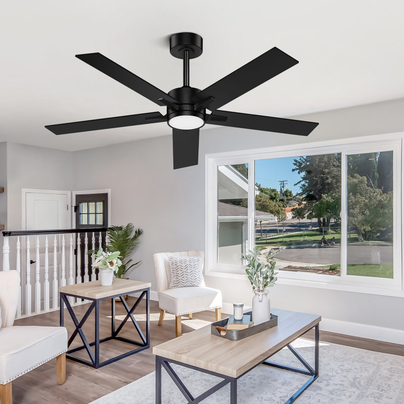 Cirina 52" 5 - Blade Modern Industrial Ceiling Fan with LED Lights and Remote Control, Matte Black, 52" Wide