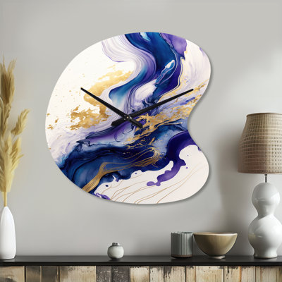 «Blue and Gold Splash Paint IV - Abstract Spirals», horloge murale asymétrique en métal