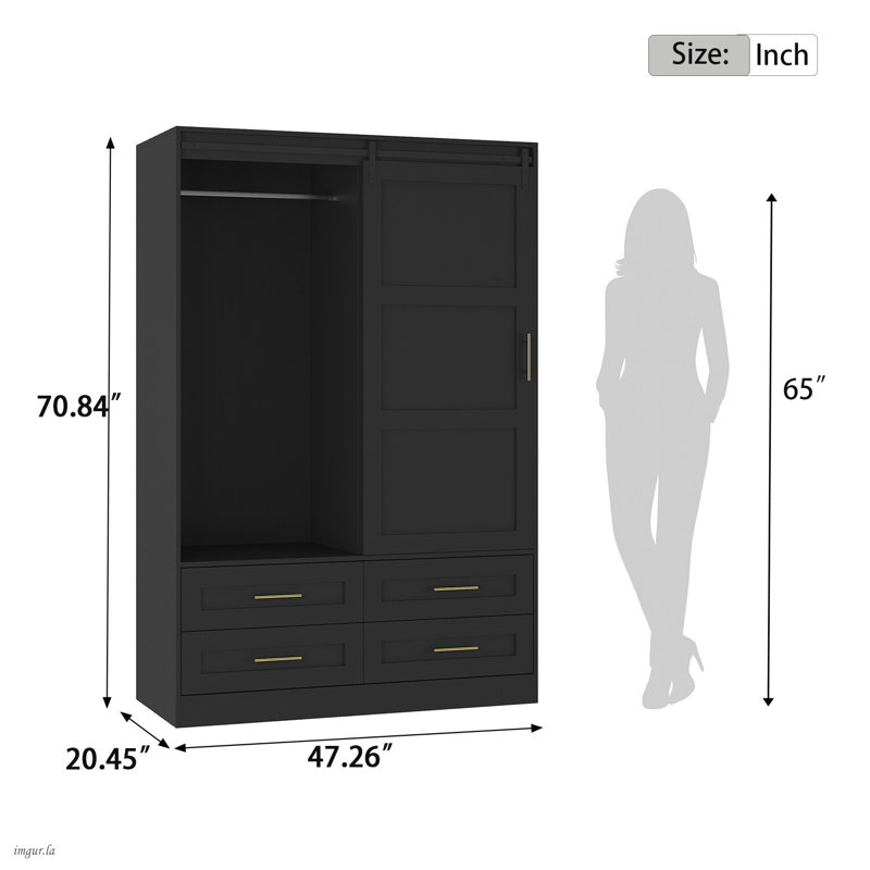 Armoire rustique à portes coulissantes avec 4 tiroirs et barre de suspension, tablettes réglables, finition noire