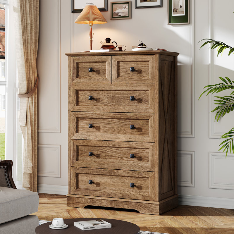 Farmhouse 6 Drawer Bedroom Dresser, Wood Tall Chest of Drawers, Closet Storage for Bedroom, Natural Oak
