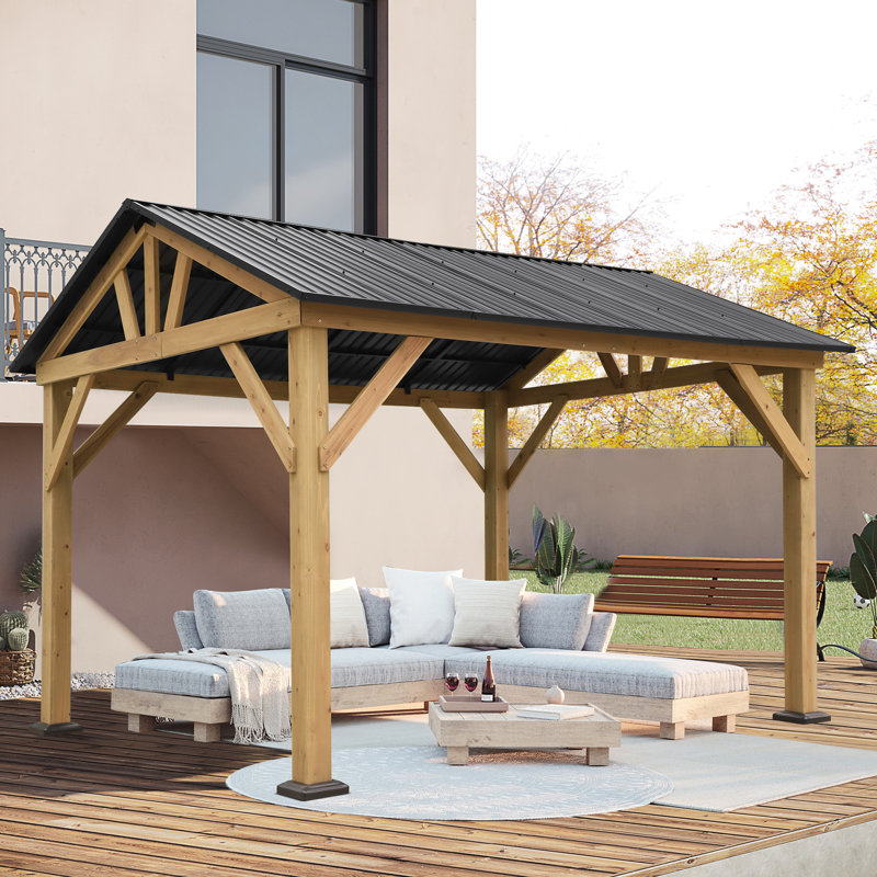 10 FT x 12 FT Outdoor Patio Solid Wood Gazebo with Steel Hardtop for Patio, Backyard