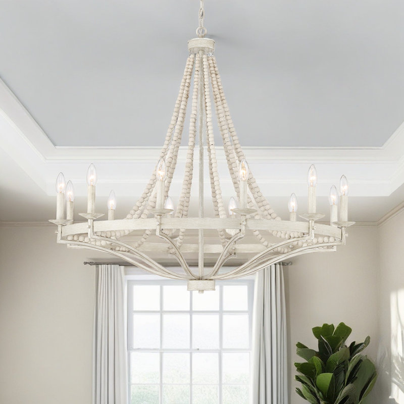 Mattheo 12-Light Dimmable Steel Candle Style Wagon Wheel Chandelier with Wood Beads, Ivory