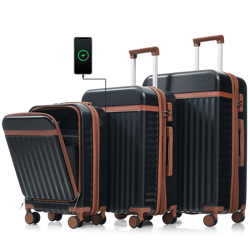 Ensemble de 3 valises de 20 pouces avec port USB, bagage à main à conception avant certifiée, bagage rigide en ABS avec roues pivotantes, noir