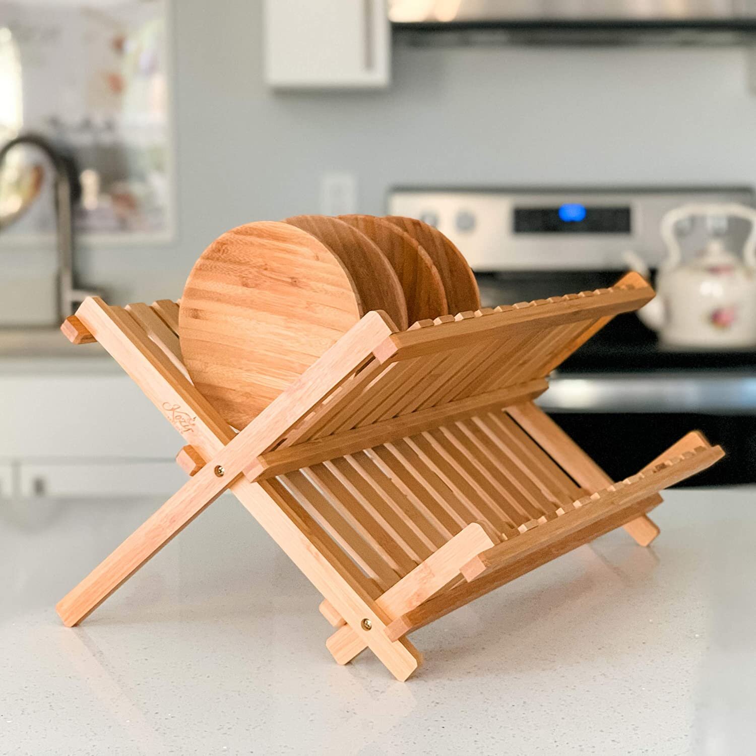 Kozy Kitchen Kozy Dish Drying Rack Handmade Dishware Plate Holder Natural Bamboo Drainer Stand - Wooden Finish- Holds Plates Bowls Mugs