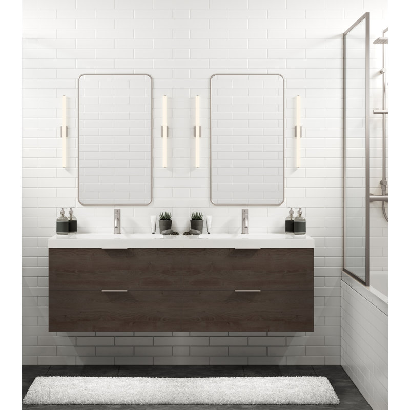 Avila 60" W Wall Mounted Double Bathroom Vanity, Matte White/8" Widespread, Satin Nickel, White Acrylic