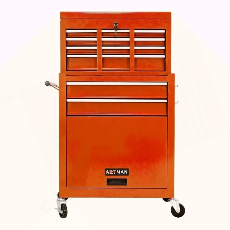 Coffre à outils roulant à grande capacité avec roulettes et tiroirs, armoire de rangement pour outils à 8 tiroirs - Orange