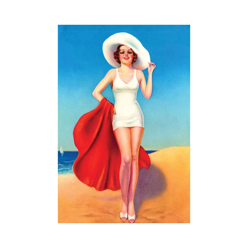«Beach Babe Pin-up» par Piddix - impression sur toile tendue, H 26 po x l 18 po x 1,5 po