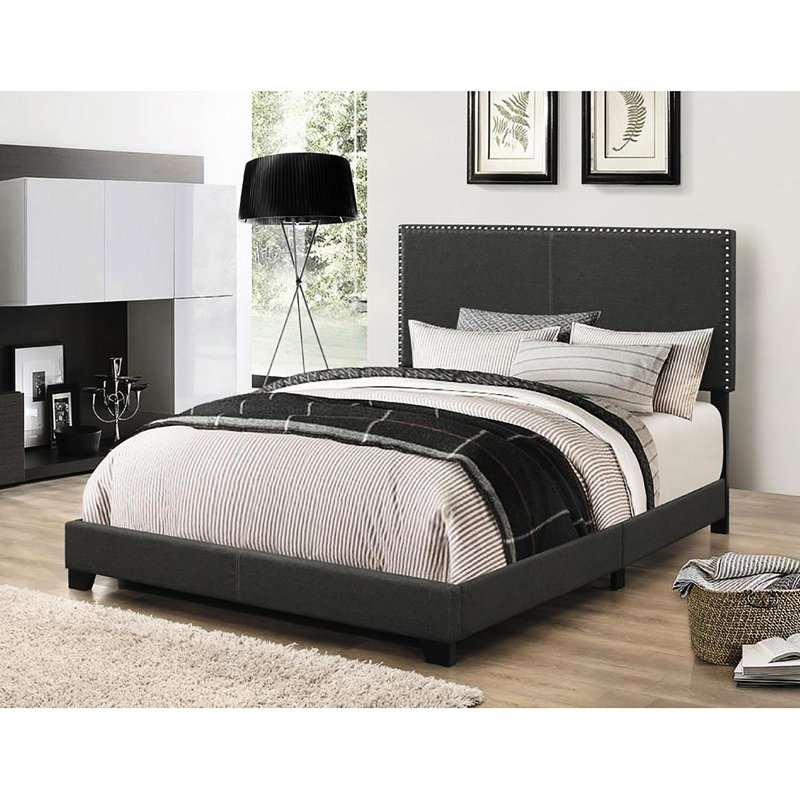Lit double avec revêtement gris anthracite et structure de pieds stable avec cadre en bois, Lit double