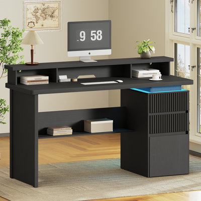 59" Executive Desk with Drawer, Fluted Computer Desk with File Drawer & Monitor Stand, Home Office Desk with Power Outlet, LED Light, Modern Fluted Computer Writing Desk with Storage