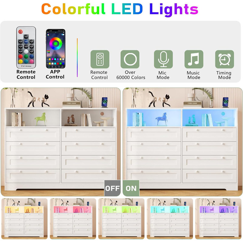 55" Wide 8-Drawer Dresser with Storage, LED & Charging Station, White, White