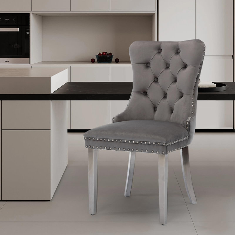 Chaises de salle à manger, chaise de salle à manger rembourrée haut de gamme avec anneau clouté, Noir, 6, Gray