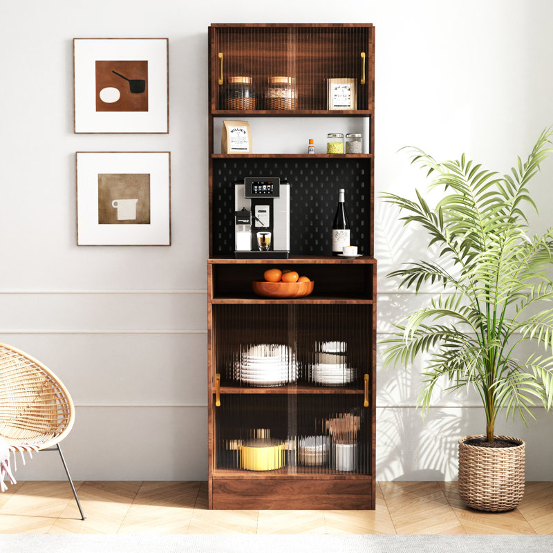 Buffet de cuisine avec 2 portes coulissantes en verre - Armoire de rangement de comptoir autoportante pour bouteilles, vin, machine à café, micro-onde Hauteur noyer