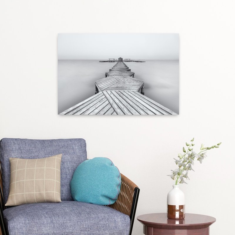 «Serene Wooden Pier», géométrique minimaliste, paysage pacifique, art mural océan, H 16 po x l 24 po