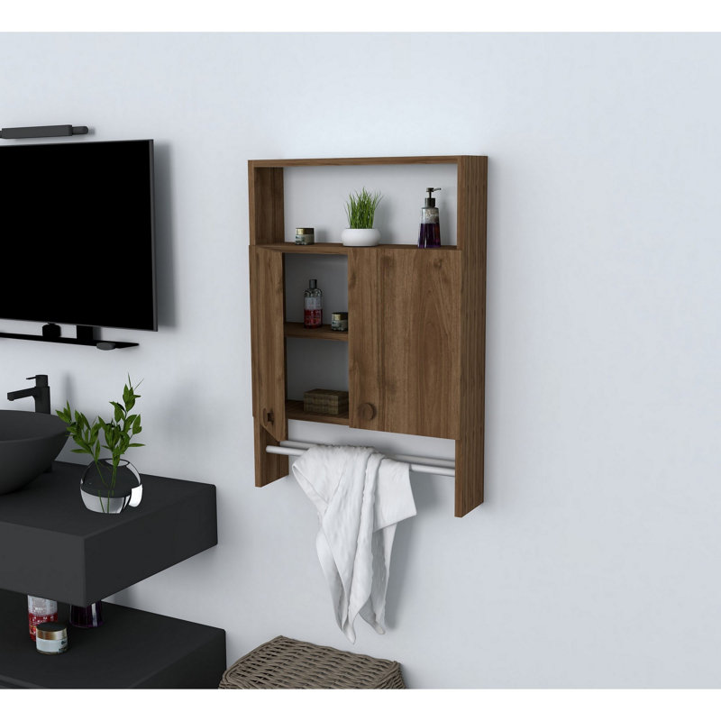 Modern Bathroom Cabinet, Walnut Finish, 23.6 x 34.3 x 5.9 Inches | 100% Melamine Coated Particle Board, Thickness: 0.7 Inches | Wall-Mountable Design with Numerous Shelves for Additional Storage, Stylish & Functional