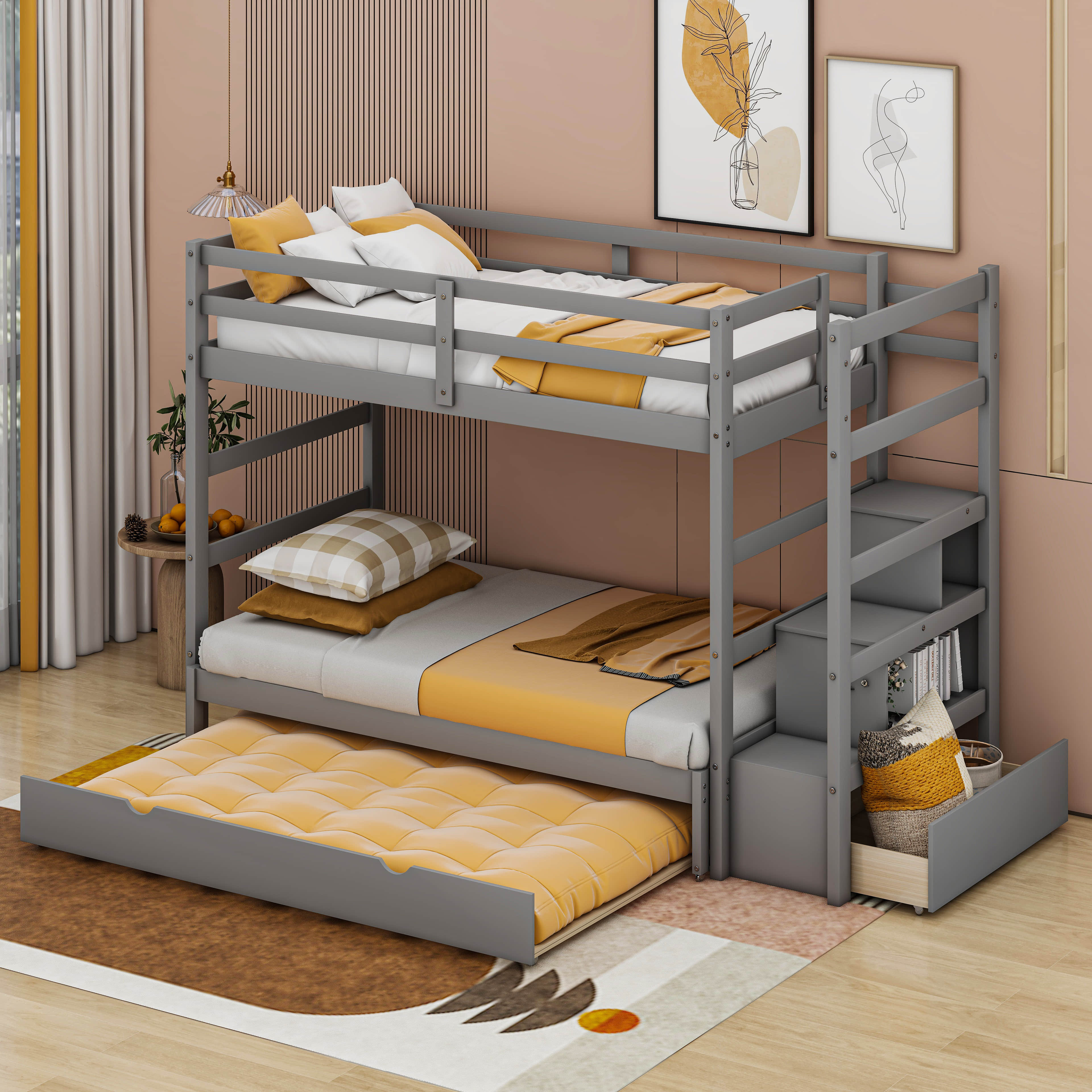 Harriet Bee Heydy Kids Twin Over Twin/Irregular King Bunk Bed with Trundle  with Drawers | Wayfair, image size:3840x3840