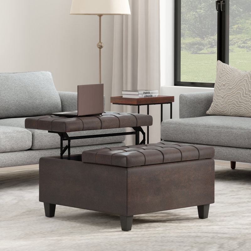 Harrison 30"W Upholstered Transitional Square Lift-Top Ottoman with Hidden Storage, Harrison Dark Brown Vegan Faux Leather