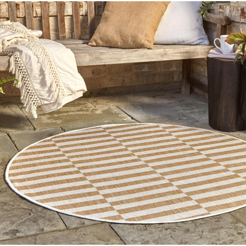 Robinson Striped Indoor / Outdoor Area Rug in Taupe/Ivory, Round 10'