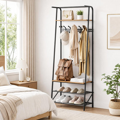 Entryway Bench with Coat Rack, 5 Hooks and 3 Tier Shoe Storage, Metal Frame for Entryway, Hallway, Front Door