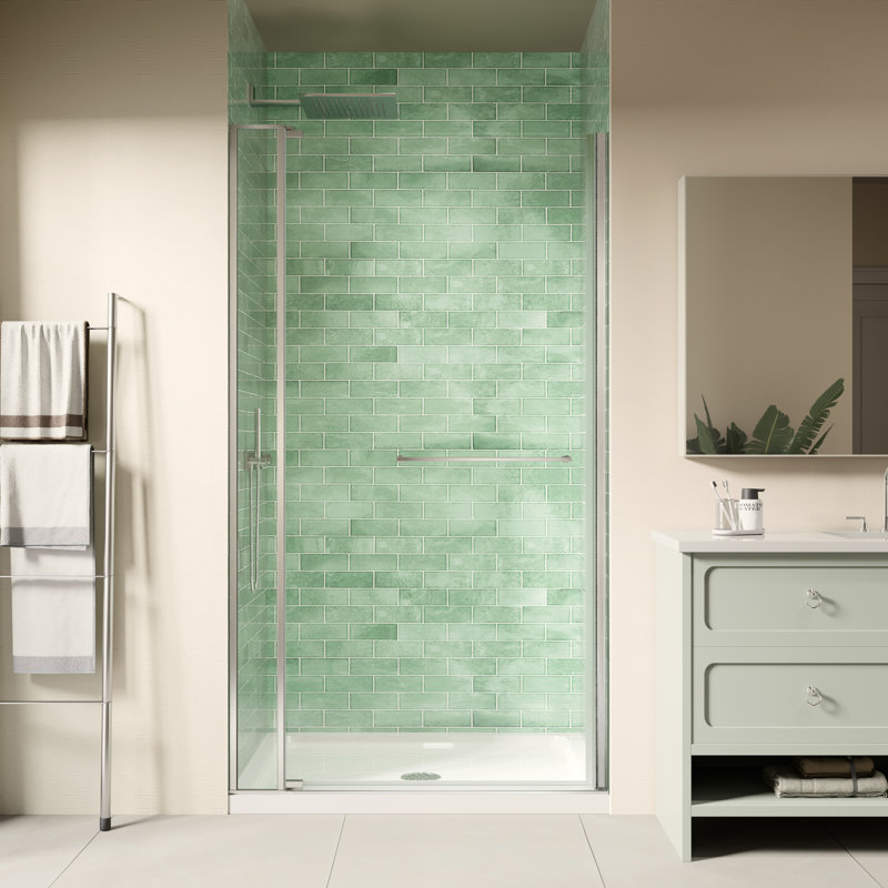 32-36 In. W X 72 In. H Frameless Pivot Shower Door In Brushed Nickel With 1/4 In. Thick Crystal Clear Tempered Glass