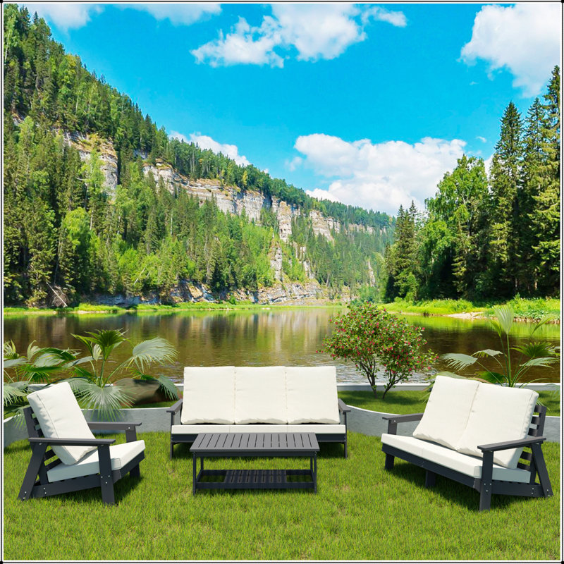 Causeuse d'extérieur avec coussin et jardin, Cadre beige / cadre brun
