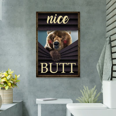 Bear Peeping - Nice Butt Gallery Wrapped Canvas - Bath And Laundry Animal Illustration Decor, Brown And Black Bathroom Decor