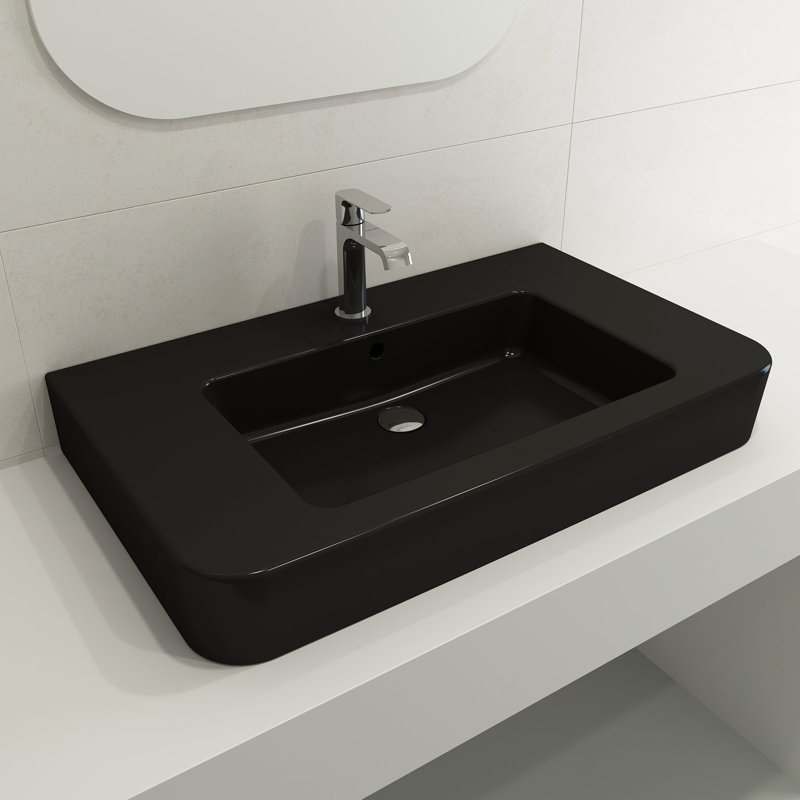 BOCCHI Parma 19.69'' Fireclay Rectangular Bathroom Sink with Overflow, Matte Black, 8" Widespread