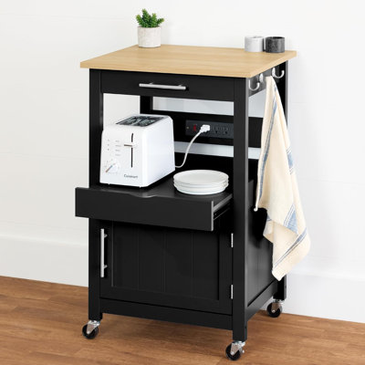 Rolling Kitchen Island Cart, Single Door Cabinet W/Drawer, Sliding Tray, Hidden Outlet, Hooks, & Lockable Wheels by Latitude Run