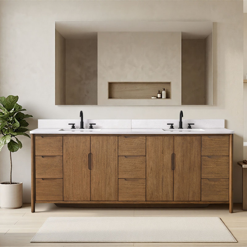 Ensemble de meuble-lavabo autoportant à double cuve 84 po avec plateau en pierre reconstituée Lucerne Lucerne , Tan, 84