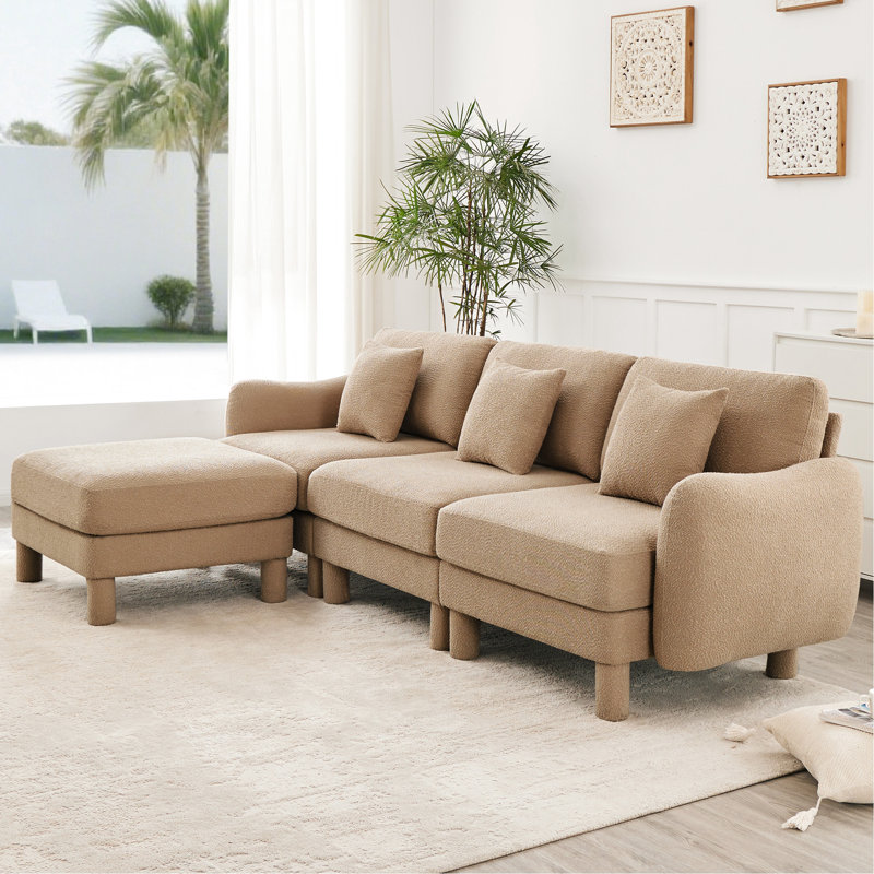 Couleur café L en forme de 3 avec tissu bouclé, pieds amovibles et cylindriques pour tissu de salon en forme de coquillage distinctif - style confort
