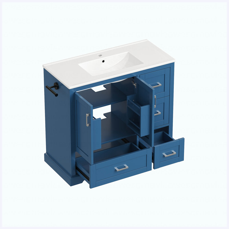 Meuble-lavabo autoportant de 42 po avec lavabo en céramique, 4 tiroirs (2 supérieurs avec séparateurs), portes à fermeture en douceur avec tablettes intérieures, porte-serviettes réversible, bleu marine, panneau de fibres à densité moyenne