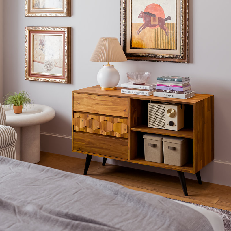 Meuble télé Georgina en bois massif pour salon et chambre, tiroirs de rangement, Brun teck