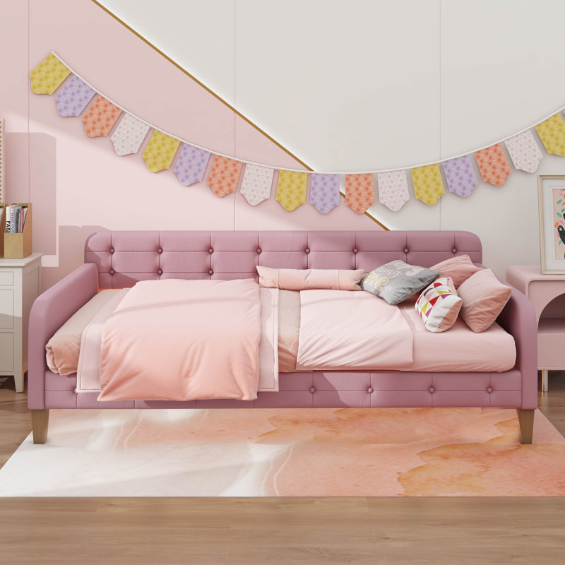 Daybed Wrapped In Fabric Upholstery And Resting On Robust Legs, Full/Double, Rubine