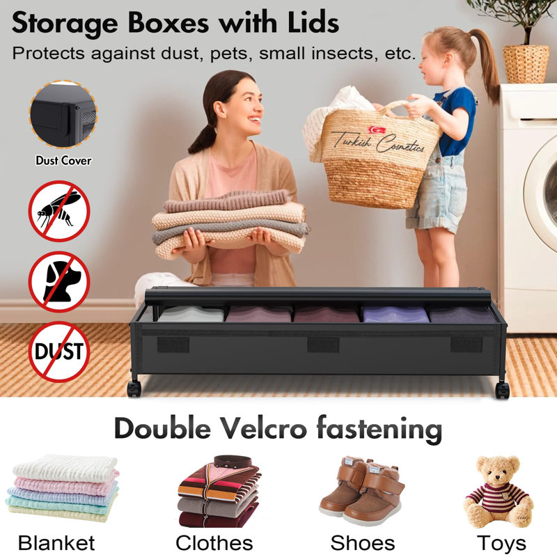 Black Metal and Fabric Lidded Under Bed Storage Box with Wheels