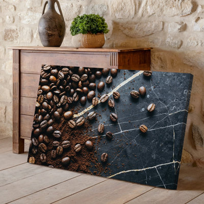 Canvas A Close Up Overhead View Of Rich Dark Roasted Coffee Wall Art Beans Scattered Across A Textured Black Marble Surface With Fine Canvas Wall Art