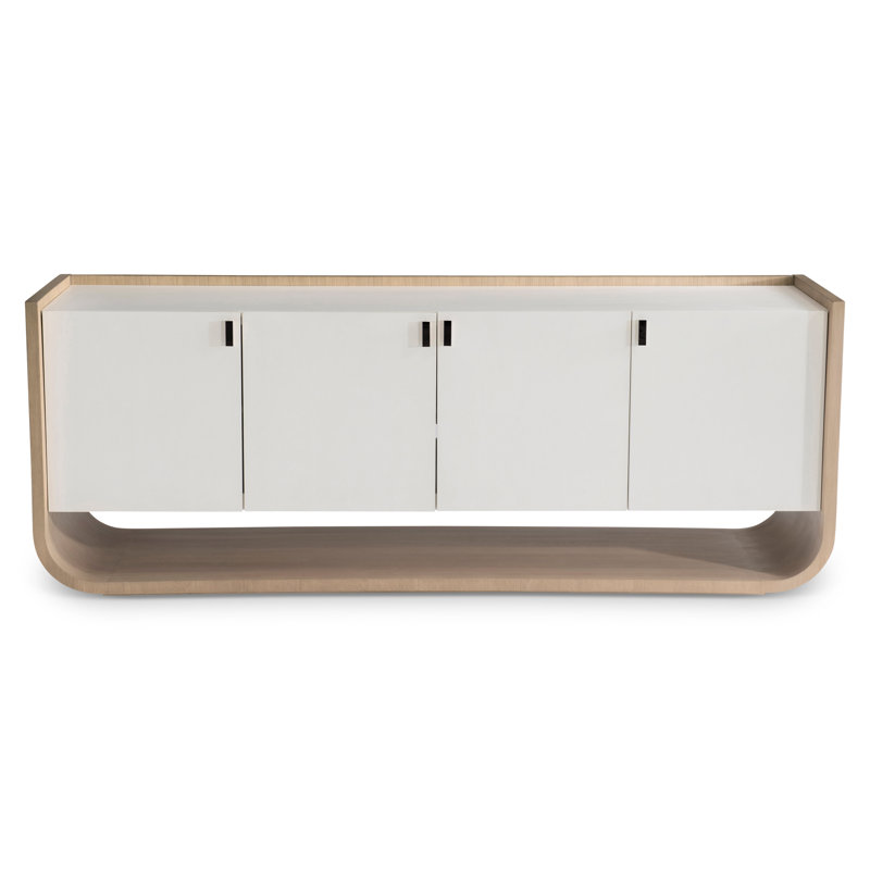 White and Brown Faux Stone Media Console with Cabinet