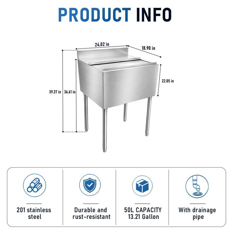 Bac à glace commercial, glacière en acier inoxydable de 61 cm avec couvercle coulissant, bac à glace, seau à glace, contenant à glace, porte-glaçons, avec tuyau de drainage, pour restaurants, pubs, cafés et usage commercial
