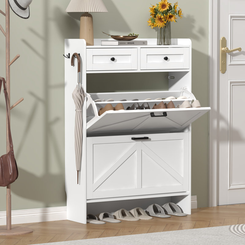 30"W Farmhouse Shoe Cabinet with 2 Flip Drawers & 2 Drawers – Narrow Freestanding Organizer for Entryway（30" W x 9.25" D x 42.7" H）