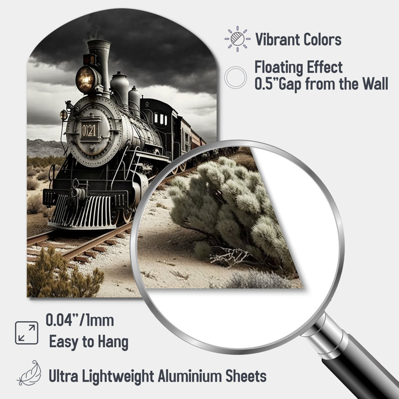 Train On The Track I - Transportation Train Arch Shape Irregular Metal Wall Decor, 34" H x 25" W x 1" D