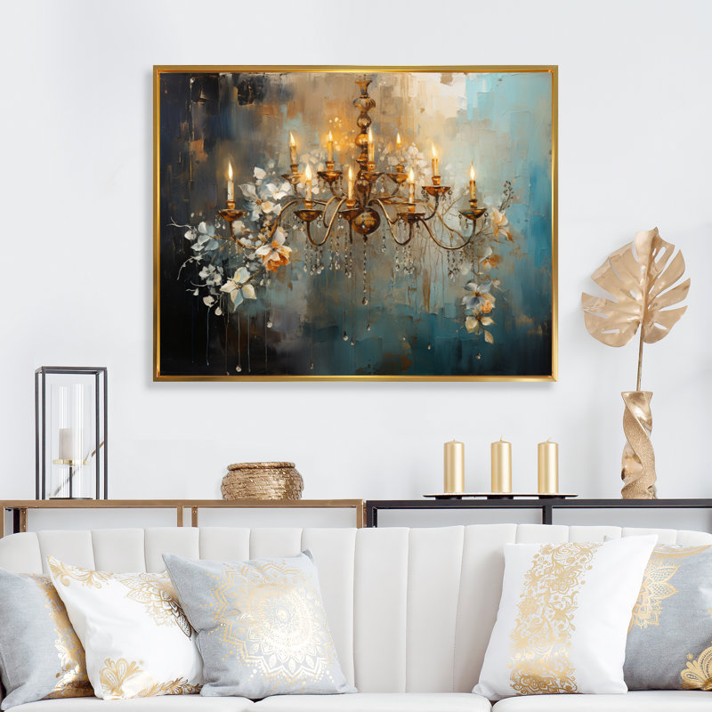 «Chandelier Whispering Luminescence Pointillism» sur toile, Cadre flottant noir, H 24 po x l 32 po x P 1 po