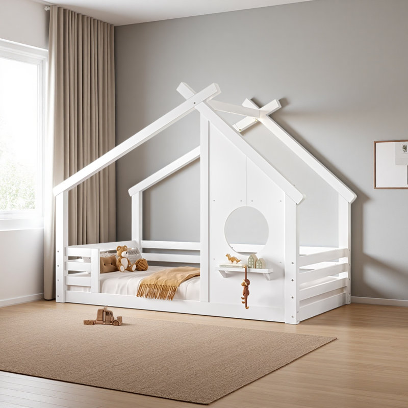Lit House House avec fenêtre et petite tablette, Lit simple, Blanc